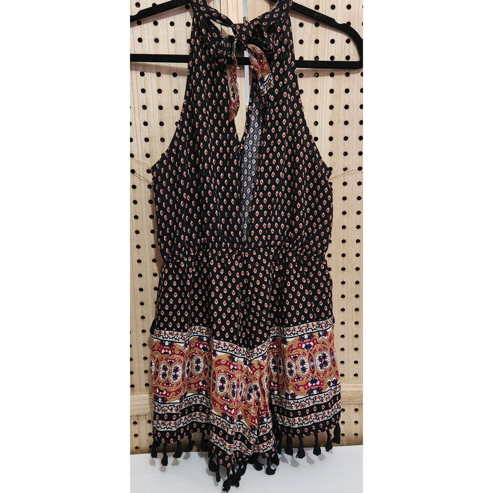 Womens Halter Romper Black Red Paisley Print Tassel Bottom Boho Festival - Picture 6 of 12